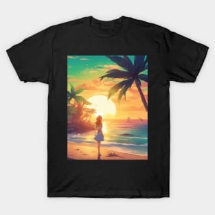 Hot Anime Girl Dream Sunset with Coconut Tree T-Shirt